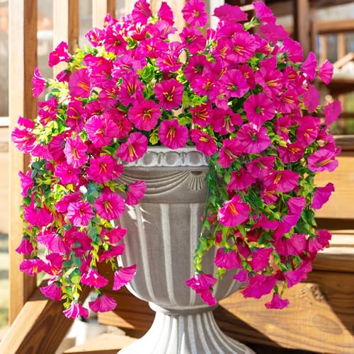 Ivydale 2 PCS Artificial Hanging Flowers Fake Plants Outdoor,Silk Morning Glory Faux Flowers with Eucalyptus Leaves,UV Resistant Realistic Hanging Petunias Plants for Home Garden Decor (Fuchsia) - color: Fuchsia
