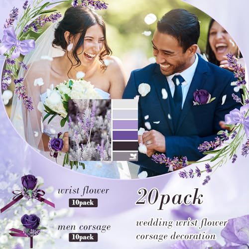 Geosar 20 Pcs Wedding Corsage and Boutonniere Set Homecoming Artificial Corsage Wristlet and Boutonniere for Men Women Bride Bridesmaid Wedding Flowers Accessories Prom Suit Decorations (Purple) - color: Purple