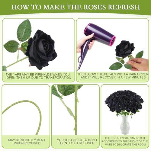 Hananona 50 Pcs Artificial Roses in Bulk, Fake Velvet Silk Roses Realistic Black Roses for Wedding Centerpieces Flower Arrangement Home Decor (50, Black) - color: Black