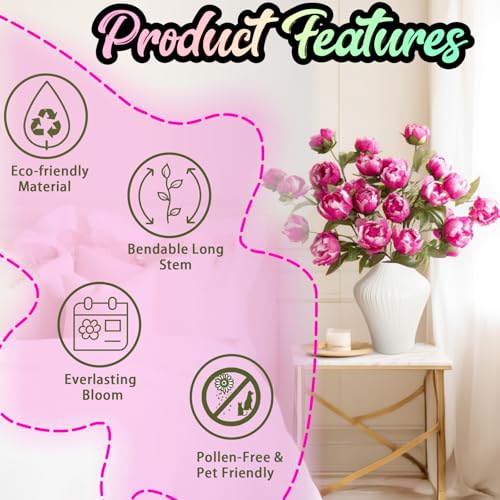 ucky 6 Pcs Fuchsi Artificial Peonies Silk Flowers, 27.6" Long Stem Fake Peonies with Wood-Textured Bendable Branch, Life-like Texture Large Peony Blooms for Tall Floor Vase, Wedding, Home Office Decor - color: Cjy Fuchsi