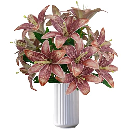 Artificial Coffee Lilies Flowers,10Pcs Faux Lily Flower,20''Tiger Lily Branch with 2 Full Blooms , Faux Fake Lilies Plants for Wedding Bouquet Home Party Indoor Floral Arrangements (10, brown) - color: Brown