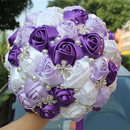 S_SSOY Wedding Bouquet Bride Bridal Brooch Bouquets Bridesmaid Bouquet Diamond Pearl Ribbon Valentine's Day Confession Party Church with Free Corsage Flower, Purple+Lilac+White - color: Purple+lilac+white