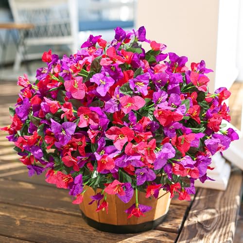 Ivydale Artificial Flowers for Outdoors Fake Bougainvillea Spring Summer Outside Decor, 4 Bundles UV Resistant Faux Flowers for Outdoor Planters Realistic Silk Plants Patio Porch Window Garden Home - color: Purple+hotpink