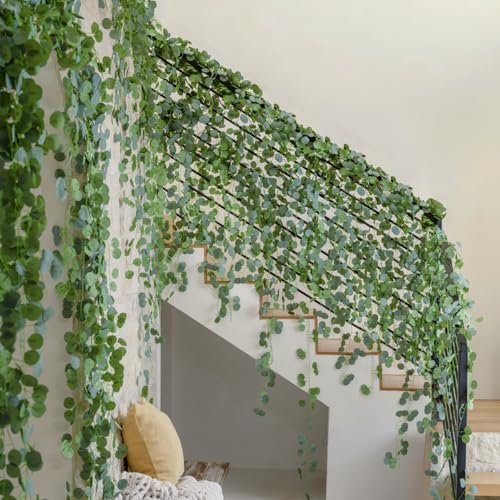 CQURE 12 Pack 84Ft Eucalyptus Garland,Artificial Eucalyptus Leaves Table Greenery Garland Wreath Vines for Wedding Party Table Fireplace Bedroom Wall Room Decor - size: 84Ft-12Pack-Green