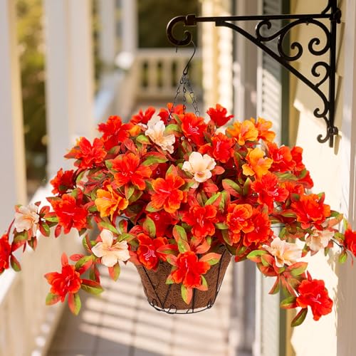 Ammyoo Fall Flowers with Hanging Basket Artificial for Decoration, Fake Silk Rhododendron Flowers for Outdoors, UV Resistant No Fade Floral for Home Garden Balcony Porch Patio Wedding Party Decor - color: Z-orange Yellow White With Basket