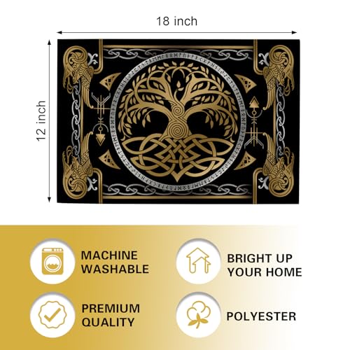 Viking Tree of Life Pagan Placemats Set of 4, Vintage Black Gold Raven Birds Celtic Style Dining Place Mats Table Decor, Retro Nordic Medieval Home Kitchen Decoration 12''x18'' - color: Viking Tree, size: Placemats 12''X18''