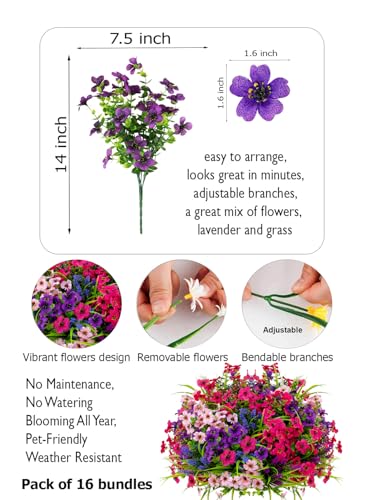 AXYLEX Artificial Flowers Outdoor Shrubs - 16 Bundles Fake Plants UV Resistant No Fade Faux Plastic Greenery Home Garden Porch Patio Decoration Office Indoor (1, Multi-16pcs) - color: 16 Pcs - Pink+purple+red Pink+lavander