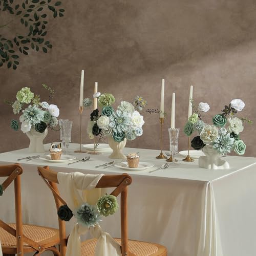 Garisey Artificial Flowers Combo, Mix Silk Flowers Roses, Peonies, Dahlias with Stems for DIY Wedding Bridal Bouquet, Baby Shower, Table Centerpieces, Home Decor, Fake Floral Arrangements-Forest Green - color: Forest Green