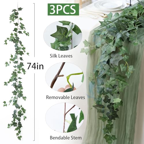 Mizii 3 Strands Artificial Vines Ivy Garland 74" Fake Vine with Silk Green Leaves Faux Hanging Plants Greenery Decoration for Outdoors Wedding Party Indoor Bedroom Home Wall Room Decor (Green) - color: Green