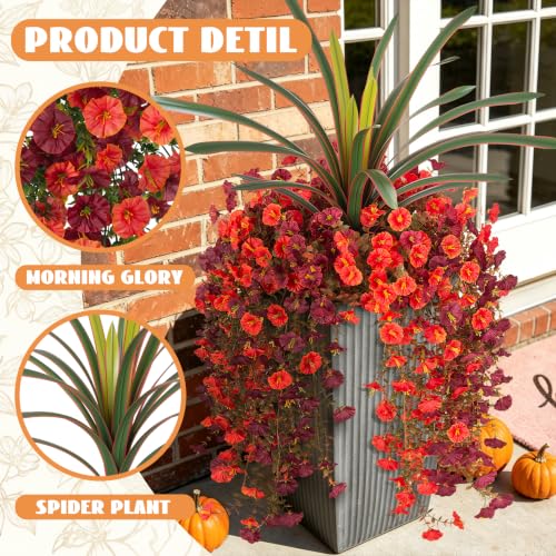 8 PCS Fall Artificial Morning Glory Flowers for Outdoors+Ochid Fake plants | UV Resistant Weatherproof for Indoor Outdoor Garden Patio Window Box Home Decor - color: Orange Brown Red-edged Orchid Plant