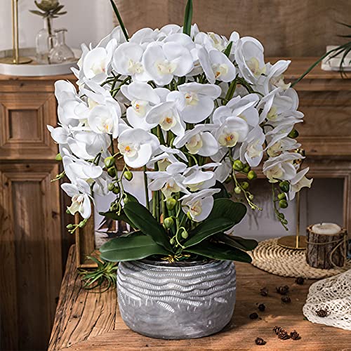 HinyoCo 5 Pcs Artificial Orchid Flowers and 4 Bundles Leaves, Artificial Phalaenopsis Flowers 32 Inch Stem Plants for Home Wedding Decoration (White) - color: White