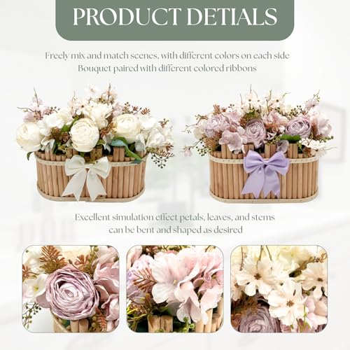 Dining Table Centerpiece Decor - Pre-Made Artificial Flower Arrangement Fake Floral with Wooden Vase for Farmhouse Kitchen Bathroom Living Room Decorations (Purple-White) - color: Purple-white