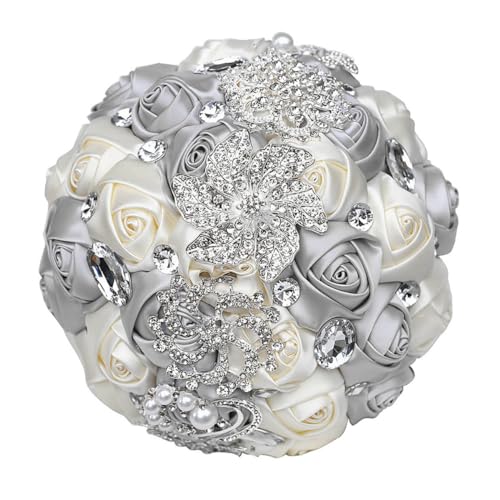 Wedding Bouquets Crystal Satin Rose Bride Bridal Bouquet Romantic Bridesmaid Holding Flower for Valentine's Day Confession Party Church Decor (Silver Creamy) - color: Silver Creamy