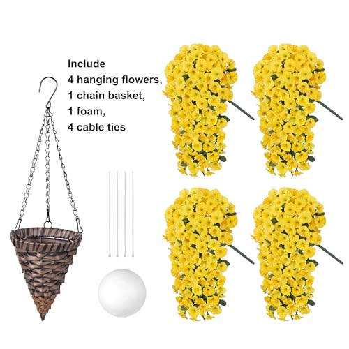 HyeFlora Artificial Fake Hanging Flowers Plants Baskets for Outdoor Outside, Faux Silk Yellow Morning Glory Flowers UV Resistant Look Real Hanging Planter for Home Porch Patio Balcony Yard Decor - color: Yellow Morning Glory