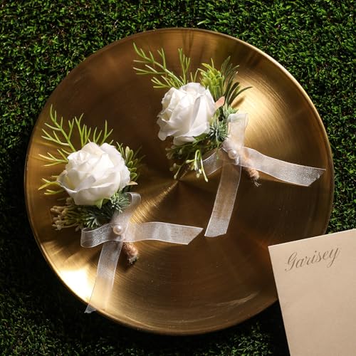 Garisey 2pcs White Rose Boutonniere for Men Artificial Rose Flower for Wedding Flowers Ceremony Prom Flower (2 Boutonniere) - color: 2 Boutonniere