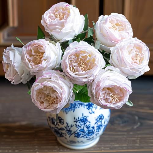 4 Pcs Real Touch Peonies Artificial Flowers, 3.5'' Big Bloom Austin Rose Peony Latex Fake Flower with Stems for Wedding Bouquet Party Valentines Arrangement Home Kitchen (Edge Pink) - color: Edge Pink