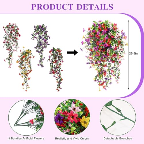 CEWOR 4pcs Artificial Hanging Flowers Plants for Outdoor, Fake Flowers Faux Silk Daisy with Eucalyptus, UV Resistant Realistic Faux Flower for Outside Indoor Home Porch Patio Decor, Multicolor - color: Multicolor Daisy