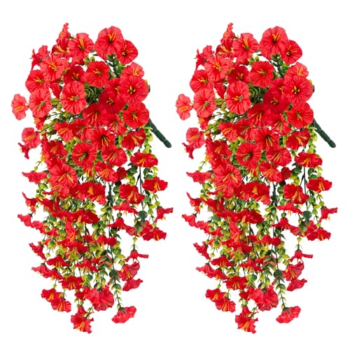 Ivydale 2 PCS Artificial Hanging Flowers Fake Plants Outdoor,Silk Morning Glory Faux Flowers with Eucalyptus Leaves,UV Resistant Realistic Hanging Petunias Plants for Home Garden Decor (Red) - color: Red