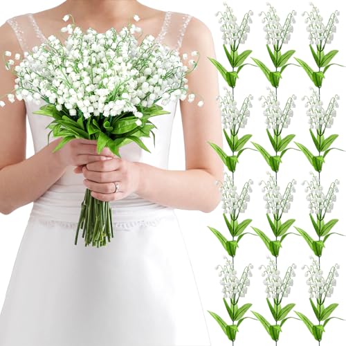 Hanaive 50 Pcs Artificial Lily of The Valley Bridesmaids Artificial Lilies 14.17 Inch Faux Lily of The Valley Flower Bulk Chimes Orchid White Bell Flower Bouquet for Wedding Arrangement Bride Party
