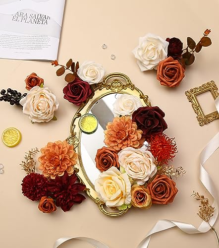 Artificial Flowers Combo Box for DIY Wedding Bouquet Arrangement, Silk Faux Flower for Bridal Table Centerpieces Party Cake Baby Shower（Orange & Burgundy） - color: Orange & Burgundy