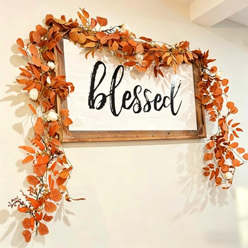 CQURE 2Pack Eucalyptus Garland,Artificial Eucalyptus Leaves Flowers Table Greenery Garland Wreath Vines for Wedding Party Fireplace Bedroom Room Decor - size: 17.7 Ft with Flowers-Orange