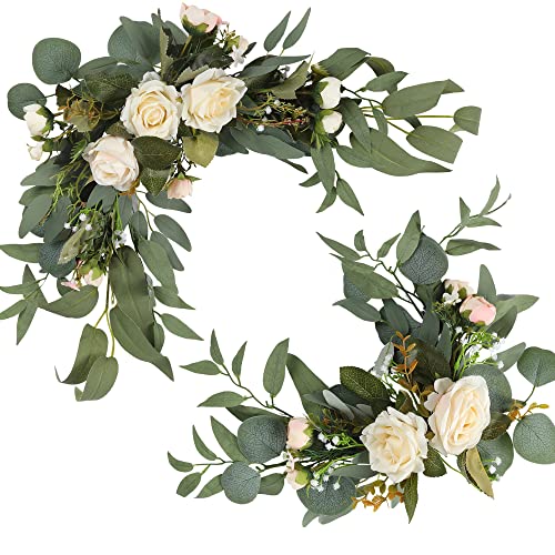 H&W 2pcs Small Size Artificial Wedding Arch Flowers for Sign, Floral Swag Dusty Decor for Reception Ceremony Backdrop Sweetheart Table(White Rose) - color: White Rose