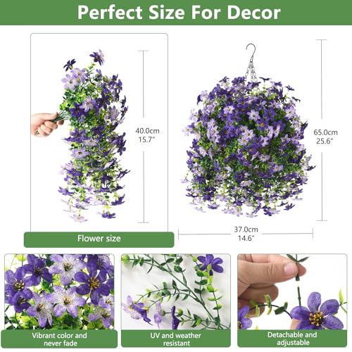 INQCMY Artificial Faux Hanging Flowers Plants Basket for Outdoor Outside Spring Summer Decoration,UV Resistant Fake Silk Daisy in Planter Resistant Look Real for Home Porch Balcony Patio Yard Decor - color: Purple Double Purple