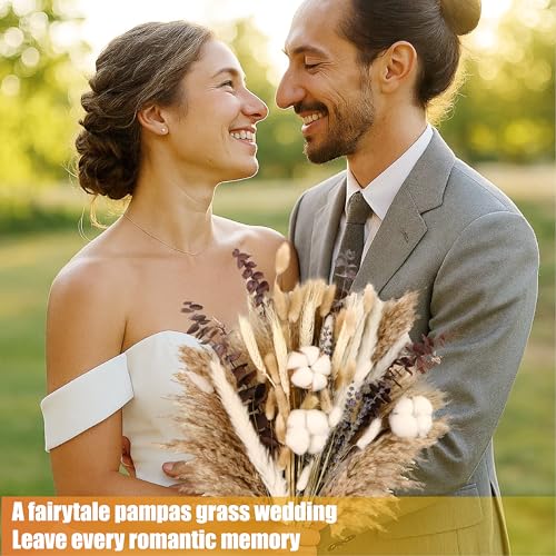 120Pcs Natural Dried Cotton Flower Bouquet - 17'' Boho Pampas Grass, Lavender, Cotton Stems, Bunny Tails, Eucalyptus & Wheat - Rustic Boho Farmhouse Decor for Vase, Wedding, DIY Crafts
