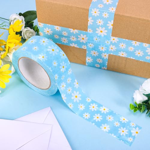 Whaline 109 Yard Groovy Daisy Packing Tape Gift Wrapping Tape Blue White Boho Spring Flower Pattern Tapes for Small Business DIY Crafts Carton Decor - style: Blue White Daisy