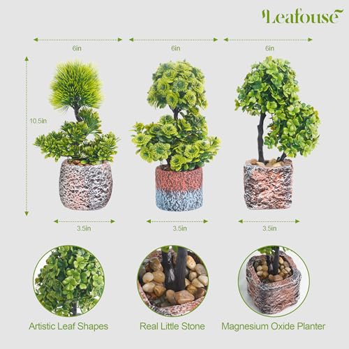10 Inch Small Fake Potted Plant Artificial Bonsai Tree Faux Mini Plants Small Tabletop Greenery Table Decor Office Desk Tabletop Bathroom Shelf Bedroom Living Room Decoration, 3 POTS