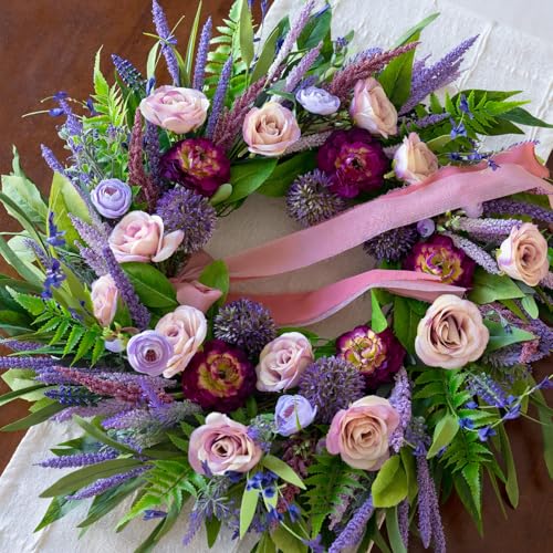 Spring Wreaths for Front Door 24 Inch Luxury Lavender Summer Wreath with Pink Ribbon,Artificial Peony & Rose Spring Door Wreath for Farmhouse Home Wall Porch Window Seasonal Display - color: Lavender