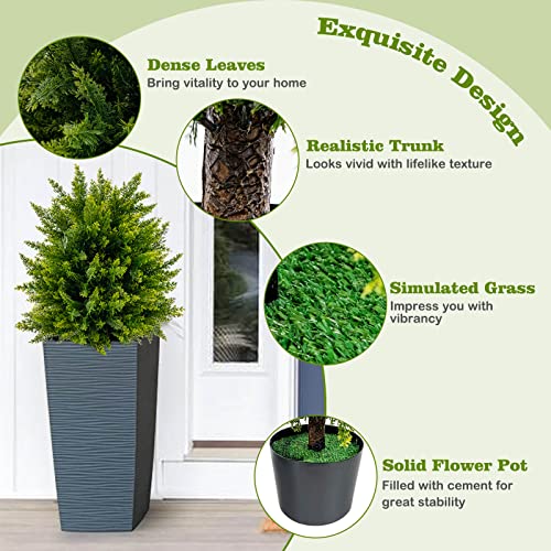 Goplus 21.5” Artificial Cedar Topiary Ball Tree, Set of 2 Faux Potted Plants Artificial Shrubs Bushes with Cement Pot, Fake Evergreen Artificial Topiary for Indoor Outdoor Home Front Porch Decor - color: Cedar Tree