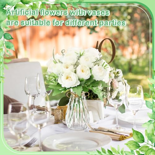 Zeyune 37 Pack Artificial Peonies Flowers with Bud Vase Bulk 24 Bundles Silk Peonies Bouquets 12 Plastic Clear Vase with 1 Rope Fake Flowers for Table Centerpiece Vases(White,Perfume) - color: White, style: Perfume