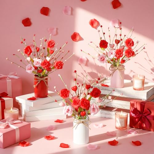 Zeyune 3 Sets Rose Berry Table Centerpiece, 6 Artificial Rose Berry Stems Picks with Metal Vase Pot, Fake Flower Arrangement for Wedding Reception, Anniversary Dinner, Mantel & Entryway Decor - color: 3 Colors, size: Rose