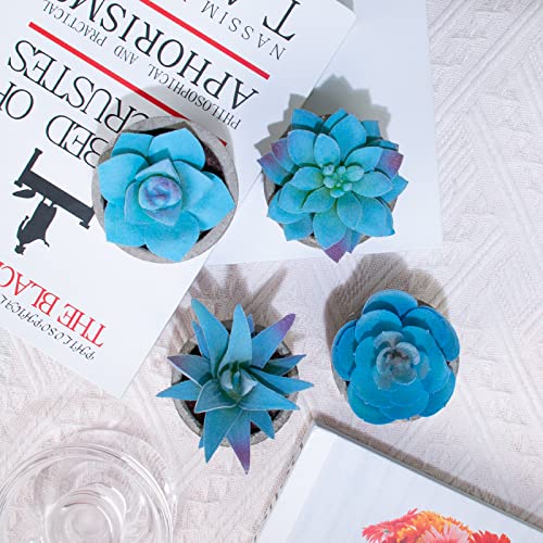 4 Pack Blue Fake Succulent Plants in Pots, Mini Potted Artificial Succulents for Home Office Shelf Decor, Small Faux Succulents for Bathroom Bedroom Kitchen Desk Decorations - color: 4pcs Blue