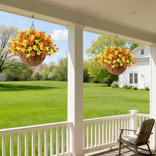 INQCMY Artificial Hanging Flowers for Outdoors, 5 Bundles UV Resistant Artificial Hanging Baskets,All Weather Fake Flowers for Patio, Porch, Yard, Window Box,Home for Spring Summer Decoration. - color: Yellow Orange