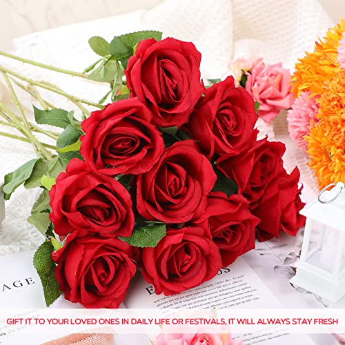 Jexine 50 Pcs Artificial Rose Flower Bulk Realistic Silk Fake Roses with Long Stem Plastic Artificial Flower Bouquet Real Looking for Home Wedding Centerpieces Party Decoration(Red) - color: Red