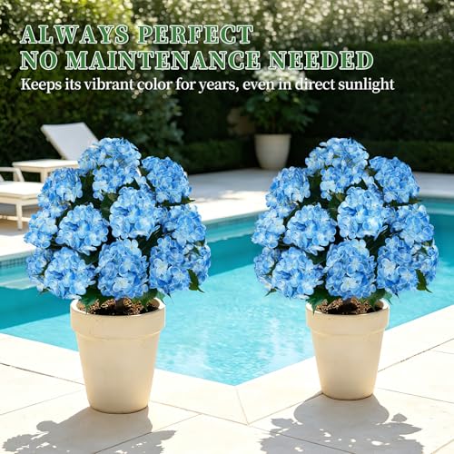Grooy Artificial Topiary Ball Tree with Blue Hydrangea, Set of 2 UV Resistant Shrubs with Ground Spike, Fake Evergreen Plant Decor for Porch Garden Indoor Outdoor - color: Blue Hydrangea