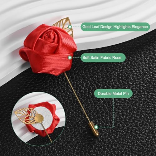 M METERXITY 48-Pack Flower Lapel Pins for Men, Golden Leaf Rose Boutonnieres Pin Groom Boutonnieres for Wedding/Dance/Party, Men Lapel Pins for Suits Satin Flower Corsage [Bright Red] - color: Bright Red