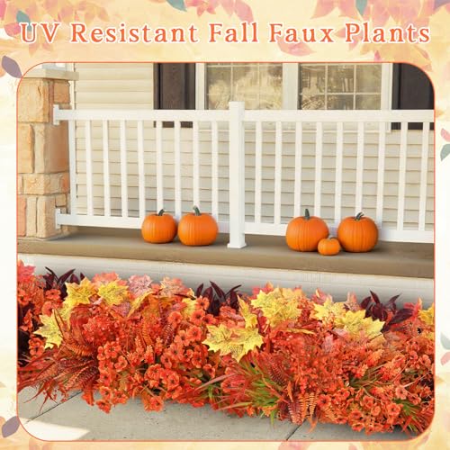 Dremisland 24 Bundles Artificial Fall Flowers for Decorations, Fake Mums Faux Plants UV Resistant Plastic Flowers for Autumn Thanksgiving Halloween Garden Yard Window Box Home Indoor Outside Decor - color: Fall Orange