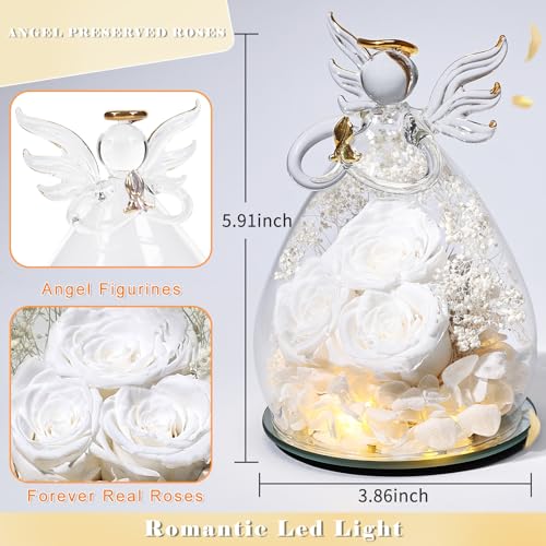 Beferr Gifts for Mom Birthday Gifts for Women, Fresh Flowers for Delivery Forever Preserved Rose in Glass Angel Figurine, Anniversary Christian Real Rose for Grandma Wife Mother from Daughter Son - color: C White