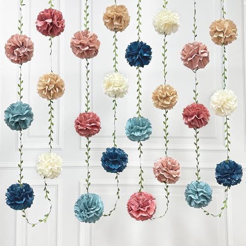 Dusty Rose Pink Blue Khaki Beige Tissue Paper Flowers Pom Pom with Leaf Ribbon Hanging Garland Streamer for Gender Reveal Baby Shower He or She Boy or Girl Vintage Themed Party Decorations Supplies - color: dusty blue pink