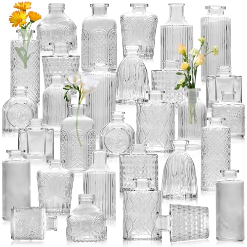 30Pcs Clear Glass Bud Vases, Wedding Table Decor, Bulk Housewarming Gift | Clear bud vases in bulk, Rustic embossed, Vintage-styled glass vases for centerpieces, 15 unique vintage styles(2 per design) - color: Clear Series
