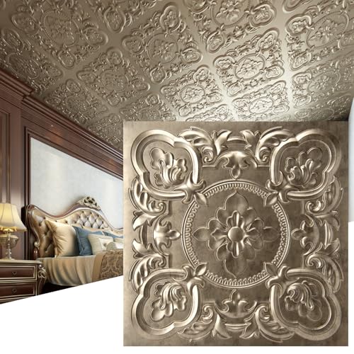 Art3dwallpanels 12 Pack Drop Ceiling Tiles, 24 x 24 Inch High Grade PVC 3D Wall Panels Vintage Flower Pattern for Interior Wall Decor, Fire Rated, Waterproof, Antique Gold - color: Antique Gold