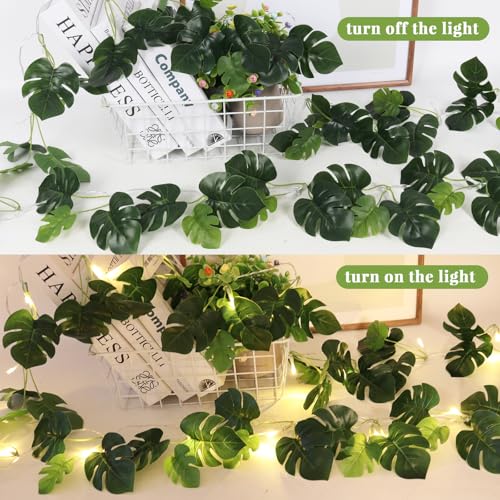 RECUTMS Monstera Leaves String Lights 1P 20LEDs Artificial Tropical Palm Leaf Battery Operated Hanging Rattan Light Faux Greenery Vines for Hawaiian Party Luau Jungle Beach Summer Indoor Outdoor Decor - color: Monstera Leaves Lights Green 1p