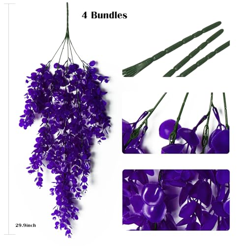 RECUTMS 4Pcs 29.9 Inch Fake Hanging Eucalyptus Leaf Plants, Purple | UV Resistant Plastic,Violet Artificial Greenery,Home Room Garden Wedding Party Porch Creeping Jenny Indoor Outdoor Decor - color: Purple