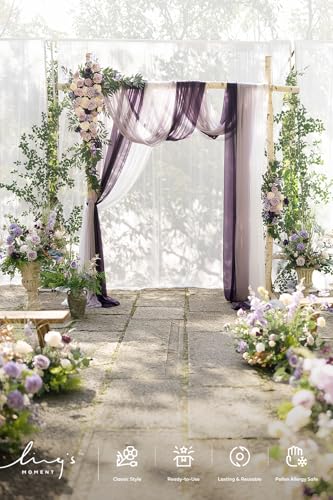 Ling's moment Wedding Arch Flowers with Sheer Drapes Kit - Artificial Purple and Gold Rose Floral Arrangements for Ceremony Backdrop, Arbor Decor, 5-Piece Set (2 Flower Stems + 3 Hanging Drapes) - color: Prpl-lilac & Cream