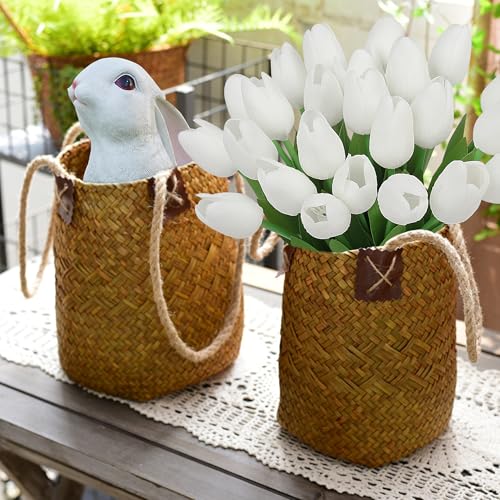 Artificial Tulips Flowers Fake Latex Tulip Stems - 30pcs Real Touch Faux Multicolor Tulips Flower for Easter Spring Wedding Bouquet Centerpiece Floral Arrangement Cemetery Table Decor - color: White 01