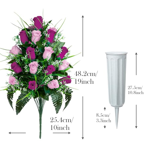 Artificial Cemetery Flowers - Set of 2 Grave Memorial Rose Flowers with Vase for Cemetery Headstones Gravesites Decoration (Purple & Pink) - color: Purple & Pink