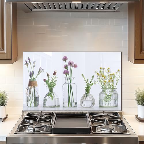 DAIFURONGE Tempered Glass Backsplash for Kitchen,Flowers and Vase,30"x18" | Behind Stove Back Splash Panel Protector, Easy to Clean, Kitchen Wall Decor,One Piece Oven and Range Backsplash - size: 30"L x 18"W